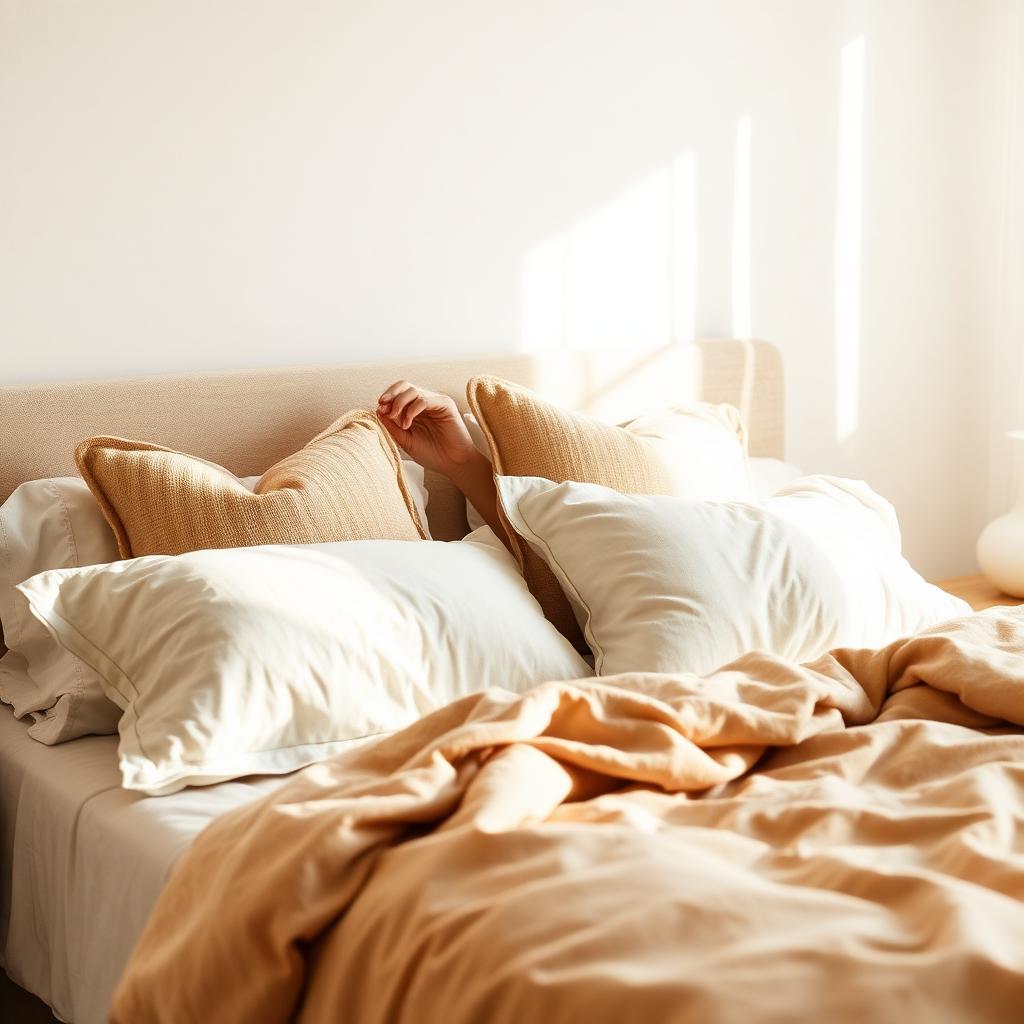 Cozy bedroom with pillows being arranged on a neatly made bed